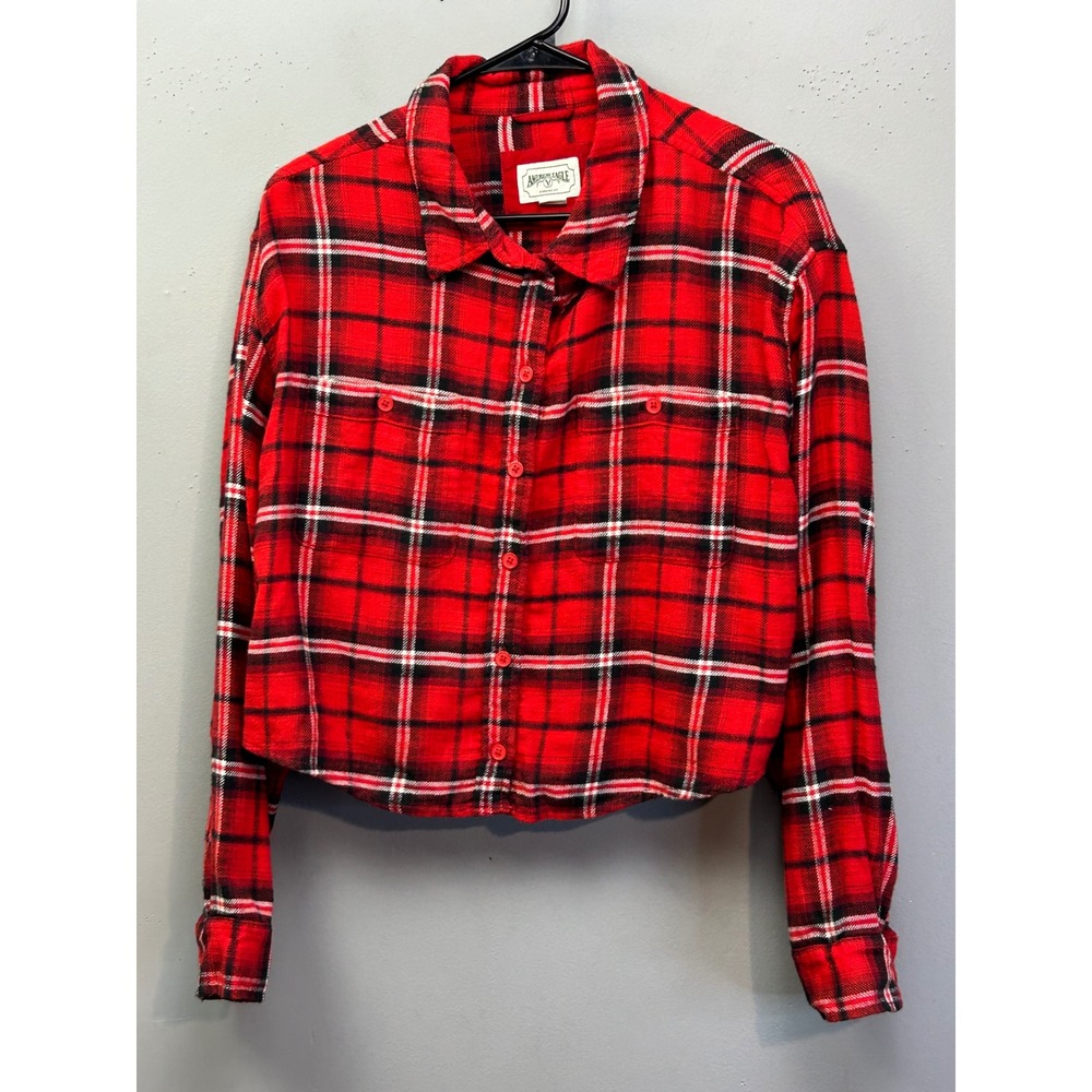 American Eagle Shirt Womens Large Red Plaid Flannel Cropped Raw Hem Button Down‎